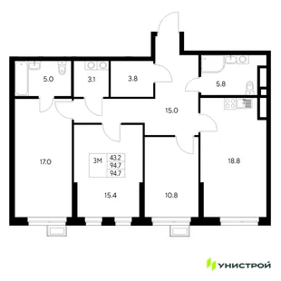 Планировка 3-комн. квартира, 94.7 м² ЖК «Стадиум»