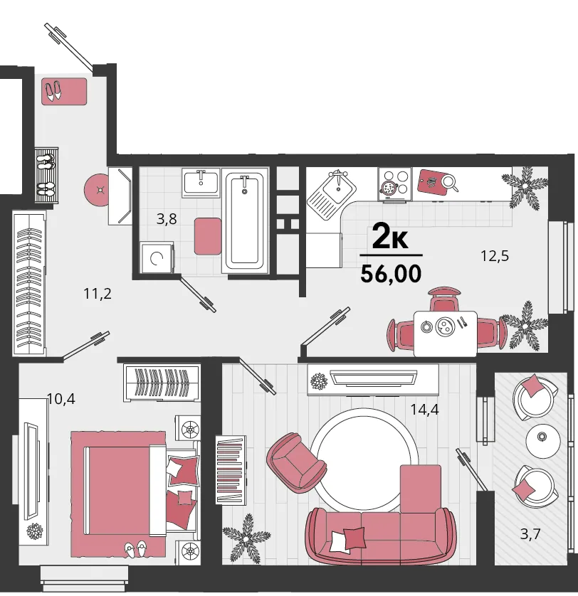 Планировка 2-комн. квартира, 57.5 м² ЖК «Родные просторы»