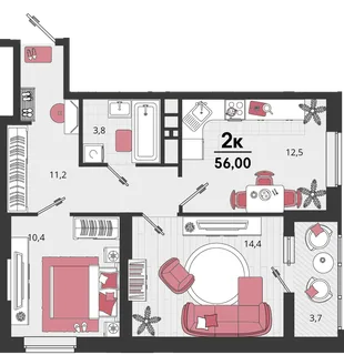Планировка 2-комн. квартира, 57.5 м² ЖК «Родные просторы»