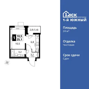 Планировка Студия, 24.9 м² ЖК «1-й Южный»