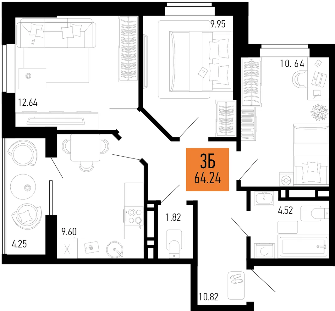 Планировка 3-комн. квартира, 64.24 м² ЖК «Столицыно»
