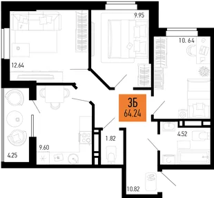 Планировка 3-комн. квартира, 64.24 м² ЖК «Столицыно»