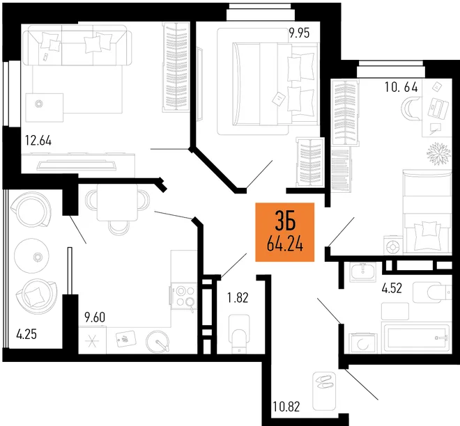 Планировка 3-комн. квартира, 64.24 м² ЖК «Столицыно»