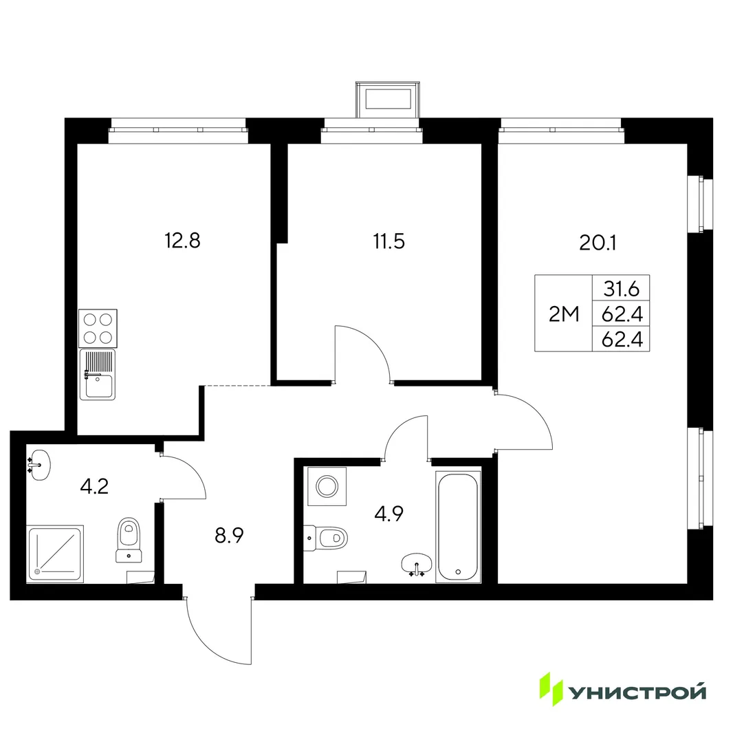 Планировка 2-комн. квартира, 62.4 м² ЖК «Стадиум»