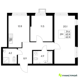 Планировка 2-комн. квартира, 62.4 м² ЖК «Стадиум»