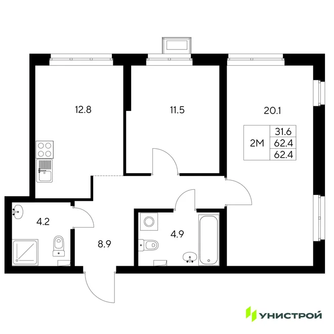 Планировка 2-комн. квартира, 62.4 м² ЖК «Стадиум»