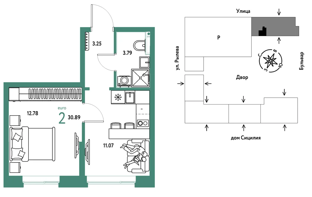 Планировка 2-комн. квартира, 30.89 м² ЖК «Остров-сад»