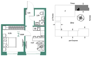 Планировка 2-комн. квартира, 30.89 м² ЖК «Остров-сад»