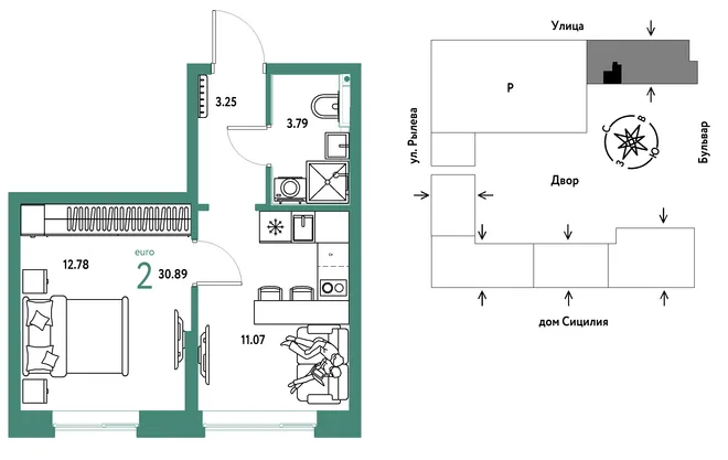 Планировка 2-комн. квартира, 30.89 м² ЖК «Остров-сад» Планировка 2-комн. квартира, 30.89 м² ЖК «Остров-сад»