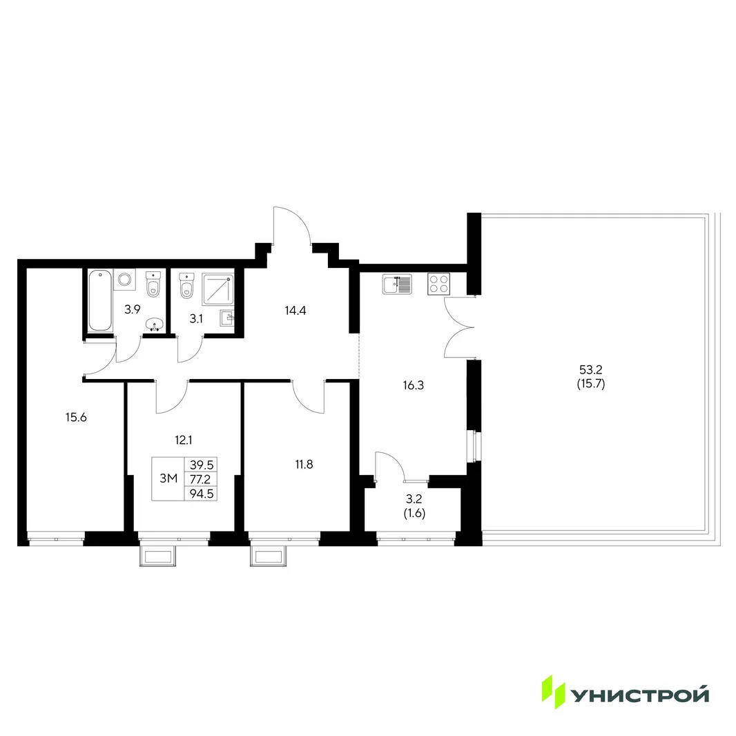 Планировка 3-комн. квартира, 94.5 м² ЖК «Стадиум»