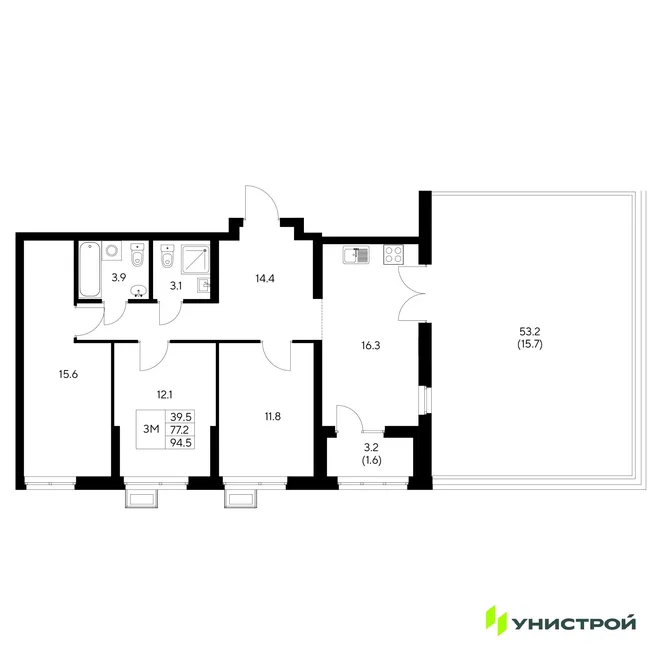 Планировка 3-комн. квартира, 94.5 м² ЖК «Стадиум» Планировка 3-комн. квартира, 94.5 м² ЖК «Стадиум»