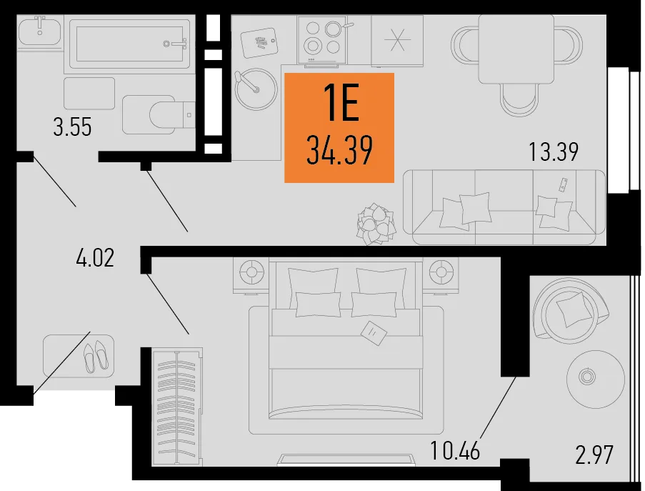 Планировка 1-комн. квартира, 34.39 м² ЖК «Столицыно»