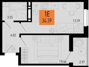 Планировка 1-комн. квартира, 34.39 м² ЖК «Столицыно»