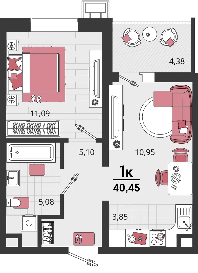 Планировка 2-комн. квартира, 40.45 м² ЖК «Родные просторы»