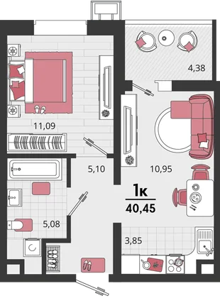 Планировка 2-комн. квартира, 40.45 м² ЖК «Родные просторы»