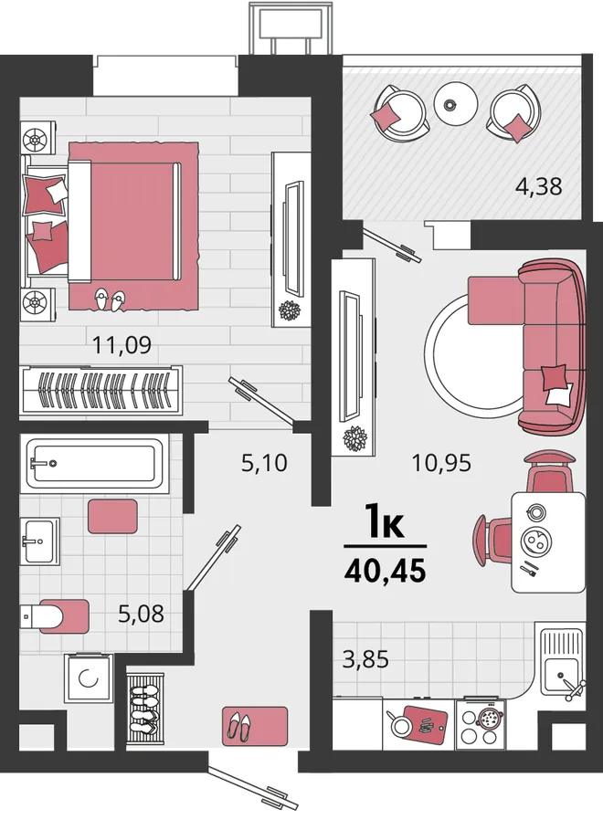 Планировка 2-комн. квартира, 40.45 м² ЖК «Родные просторы» Планировка 2-комн. квартира, 40.45 м² ЖК «Родные просторы»