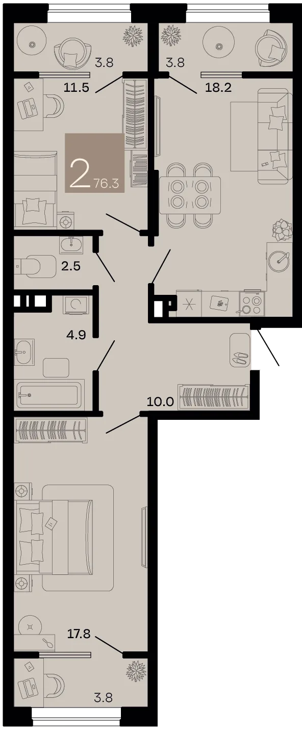 Планировка 2-комн. квартира, 76.3 м² ЖК «Хозяин морей»