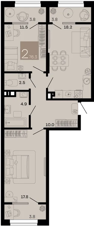 Планировка 2-комн. квартира, 76.3 м² ЖК «Хозяин морей»