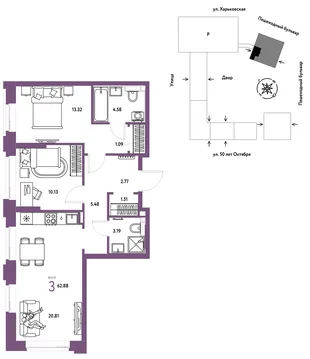 Планировка 3-комн. квартира, 62.88 м² ЖК «Сердце Сибири»