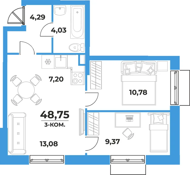 Планировка 3-комн. квартира, 48.75 м² ЖК «На семи холмах» Планировка 3-комн. квартира, 48.75 м² ЖК «На семи холмах»