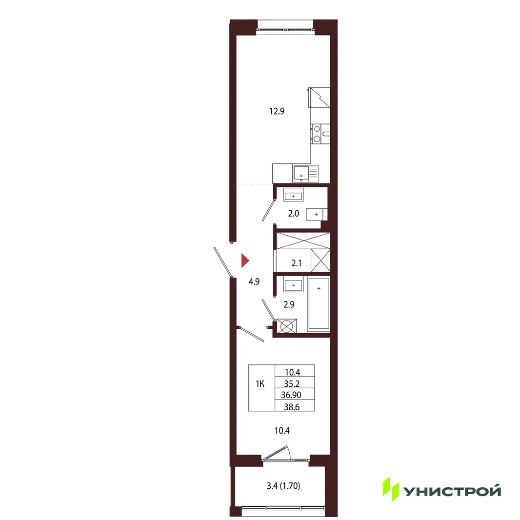 Планировка 1-комн. квартира, 36.9 м² ЖК «Лисино»