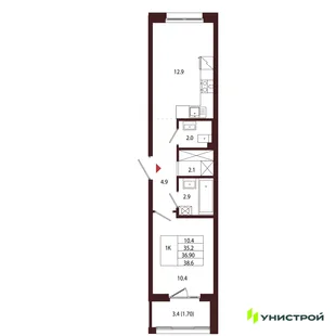 Планировка 1-комн. квартира, 36.9 м² ЖК «Лисино»