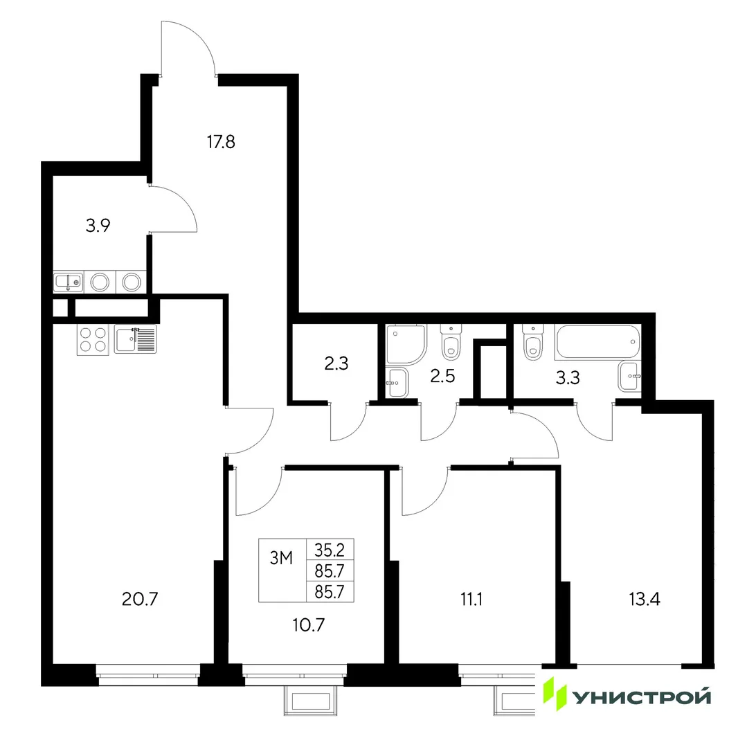 Планировка 3-комн. квартира, 85.7 м² ЖК «Стадиум»