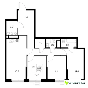 Планировка 3-комн. квартира, 85.7 м² ЖК «Стадиум»