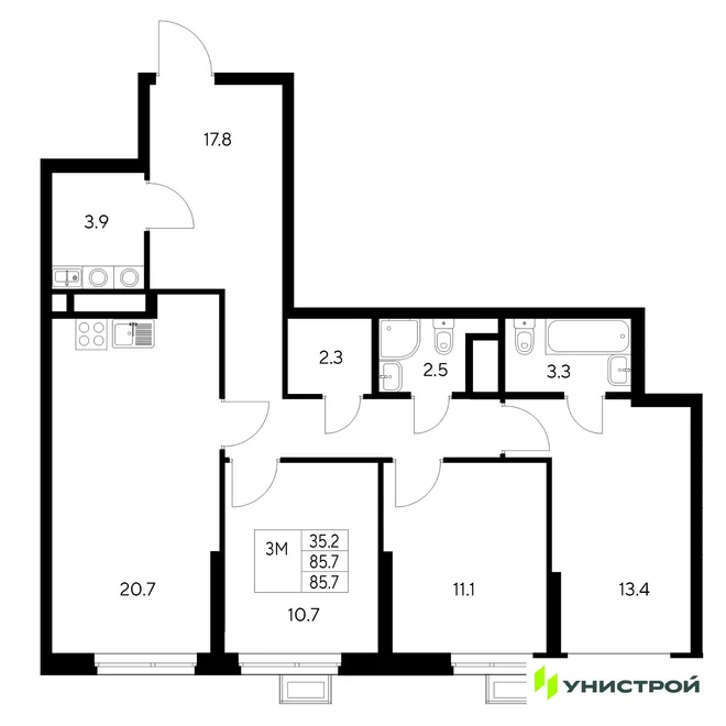 Планировка 3-комн. квартира, 85.7 м² ЖК «Стадиум» Планировка 3-комн. квартира, 85.7 м² ЖК «Стадиум»