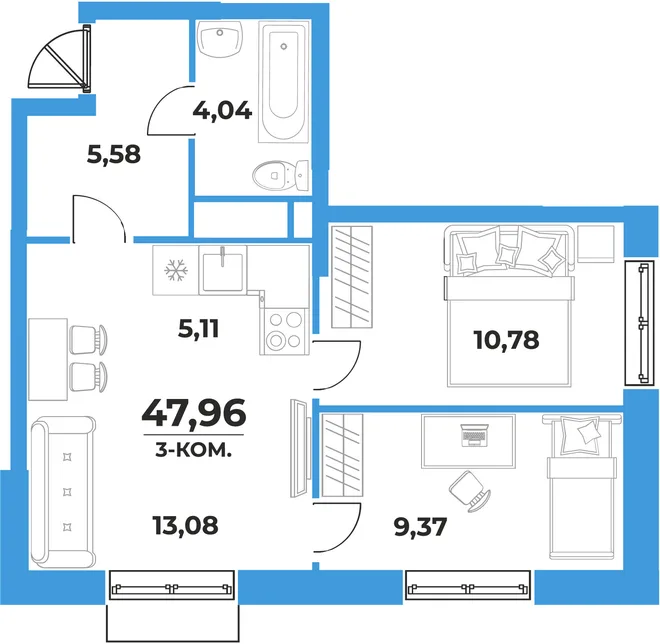 Планировка 3-комн. квартира, 47.96 м² ЖК «На семи холмах» Планировка 3-комн. квартира, 47.96 м² ЖК «На семи холмах»