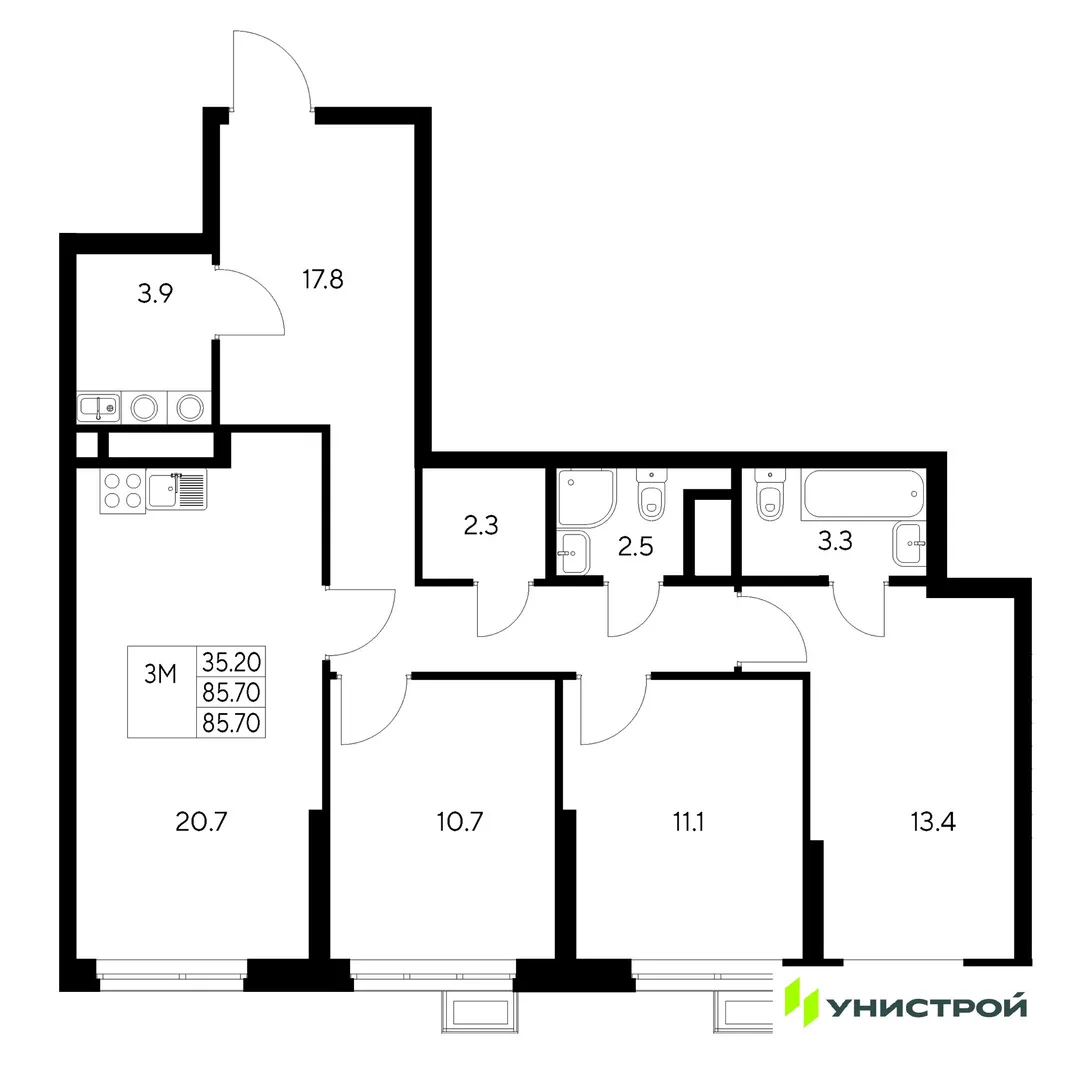 Планировка 3-комн. квартира, 85.7 м² ЖК «Стадиум»