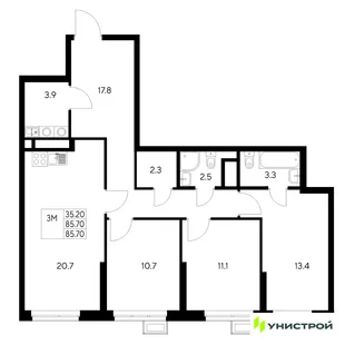 Планировка 3-комн. квартира, 85.7 м² ЖК «Стадиум»