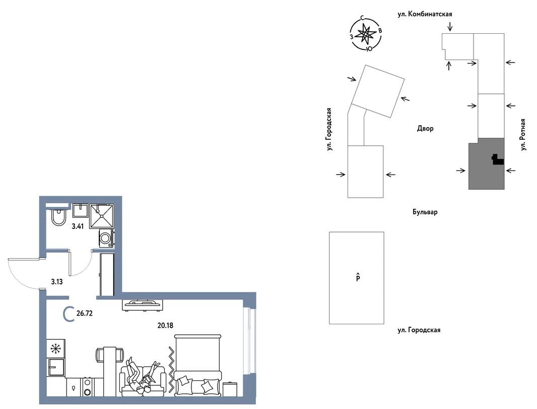 Планировка Студия, 26.72 м² ЖК «Уральский сад»