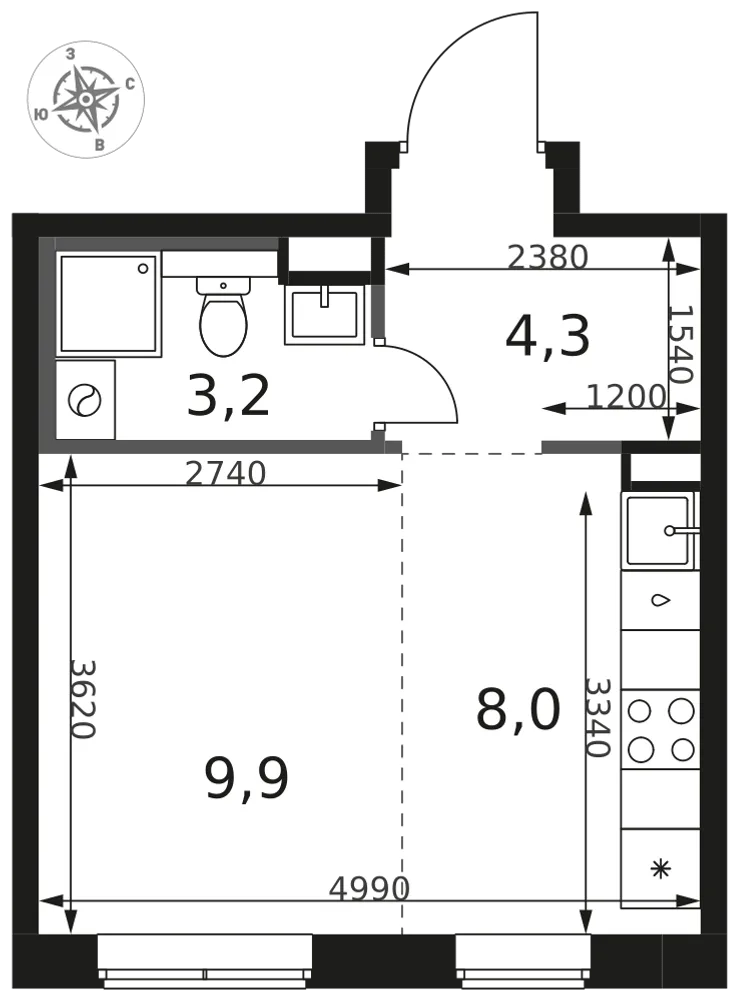 Планировка Студия, 25.4 м² ЖК «1-й Химкинский»