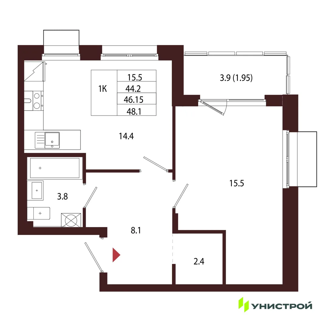 Планировка 1-комн. квартира, 46.15 м² ЖК «Лисино»