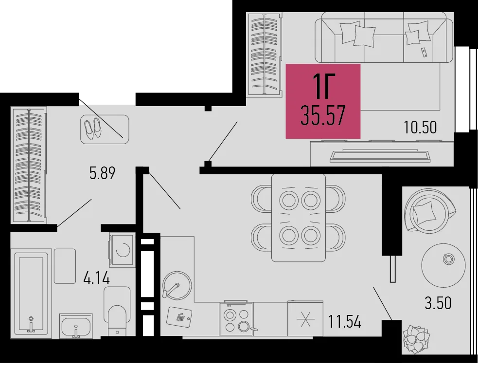 Планировка 1-комн. квартира, 35.57 м² ЖК «Столицыно»