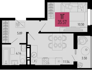 Планировка 1-комн. квартира, 35.57 м² ЖК «Столицыно»