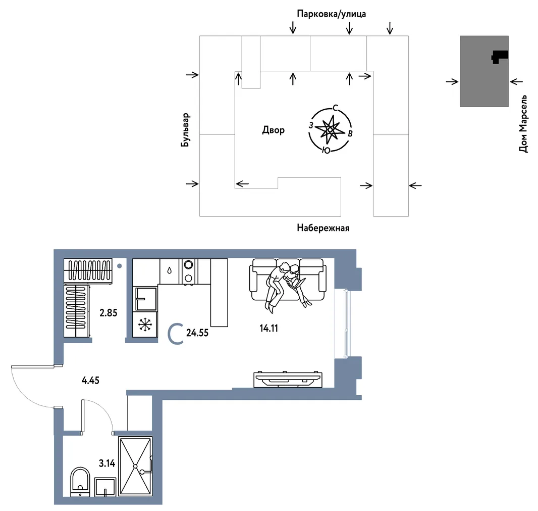 Планировка Студия, 24.55 м² ЖК «Европейский берег 2.0»
