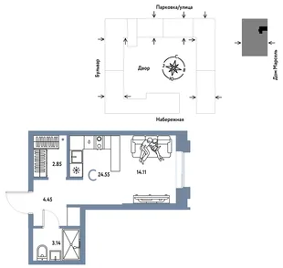 Планировка Студия, 24.55 м² ЖК «Европейский берег 2.0»