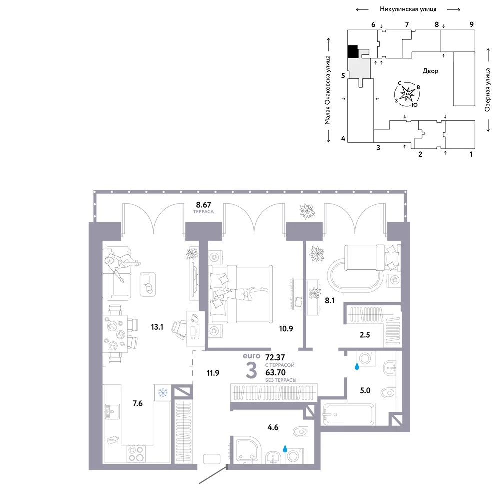 Планировка 3-комн. квартира, 72.37 м² ЖК «Страна.Озёрная»