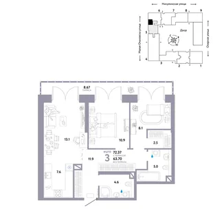 Планировка 3-комн. квартира, 72.37 м² ЖК «Страна.Озёрная»