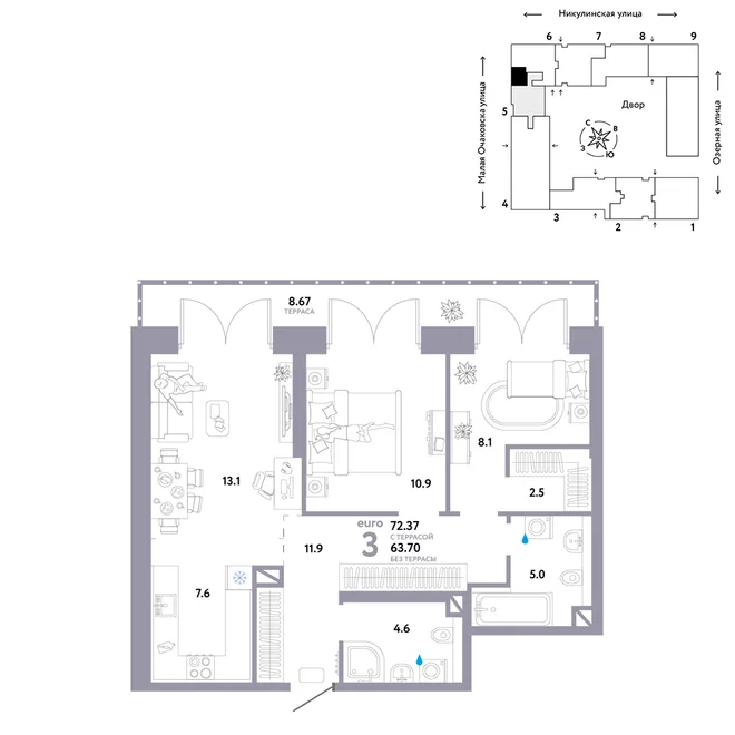 Планировка 3-комн. квартира, 72.37 м² ЖК «Страна.Озёрная» Планировка 3-комн. квартира, 72.37 м² ЖК «Страна.Озёрная»