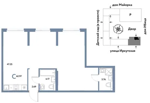 Планировка Студия, 62.94 м² ЖК «Остров-сад»