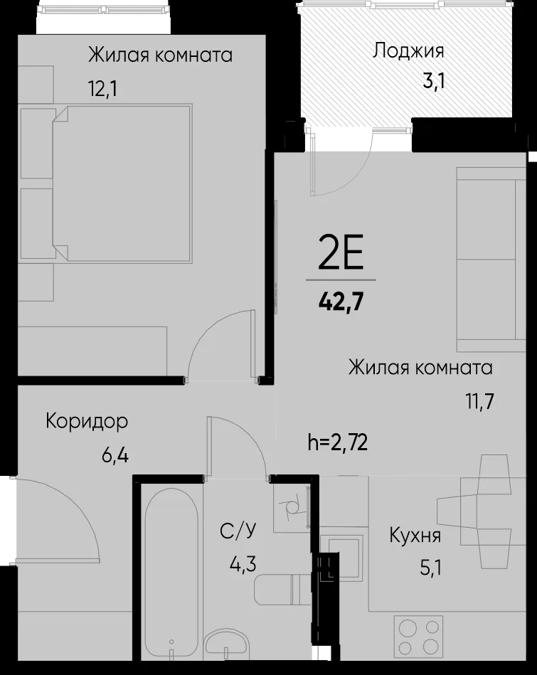 Планировка 2-комн. квартира, 42.6 м² ЖК «Васильевский остров»