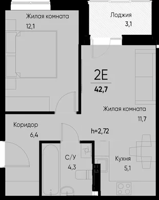 Планировка 2-комн. квартира, 42.6 м² ЖК «Васильевский остров»