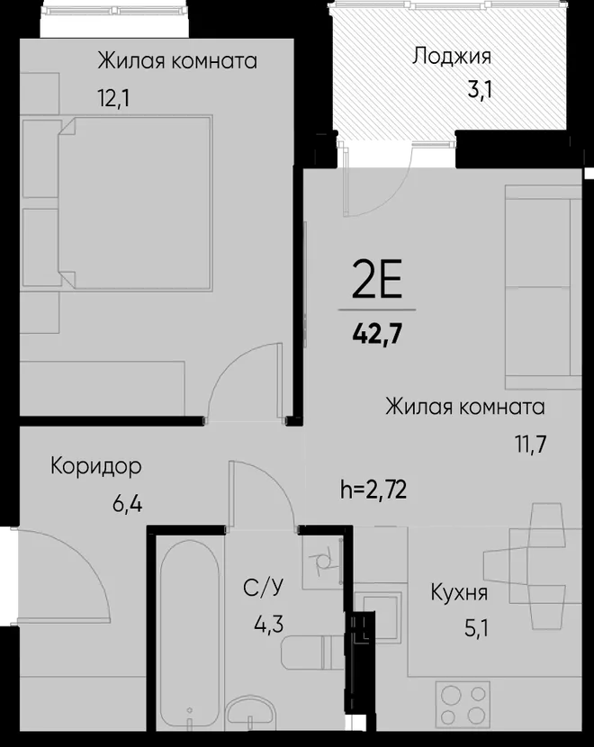 Планировка 2-комн. квартира, 42.6 м² ЖК «Васильевский остров» Планировка 2-комн. квартира, 42.6 м² ЖК «Васильевский остров»