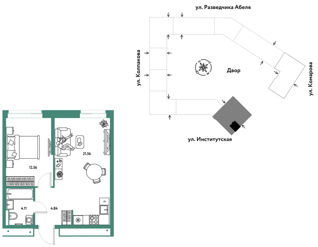 Планировка 2-комн. квартира, 43.07 м² ЖК «Страна.Парковая»
