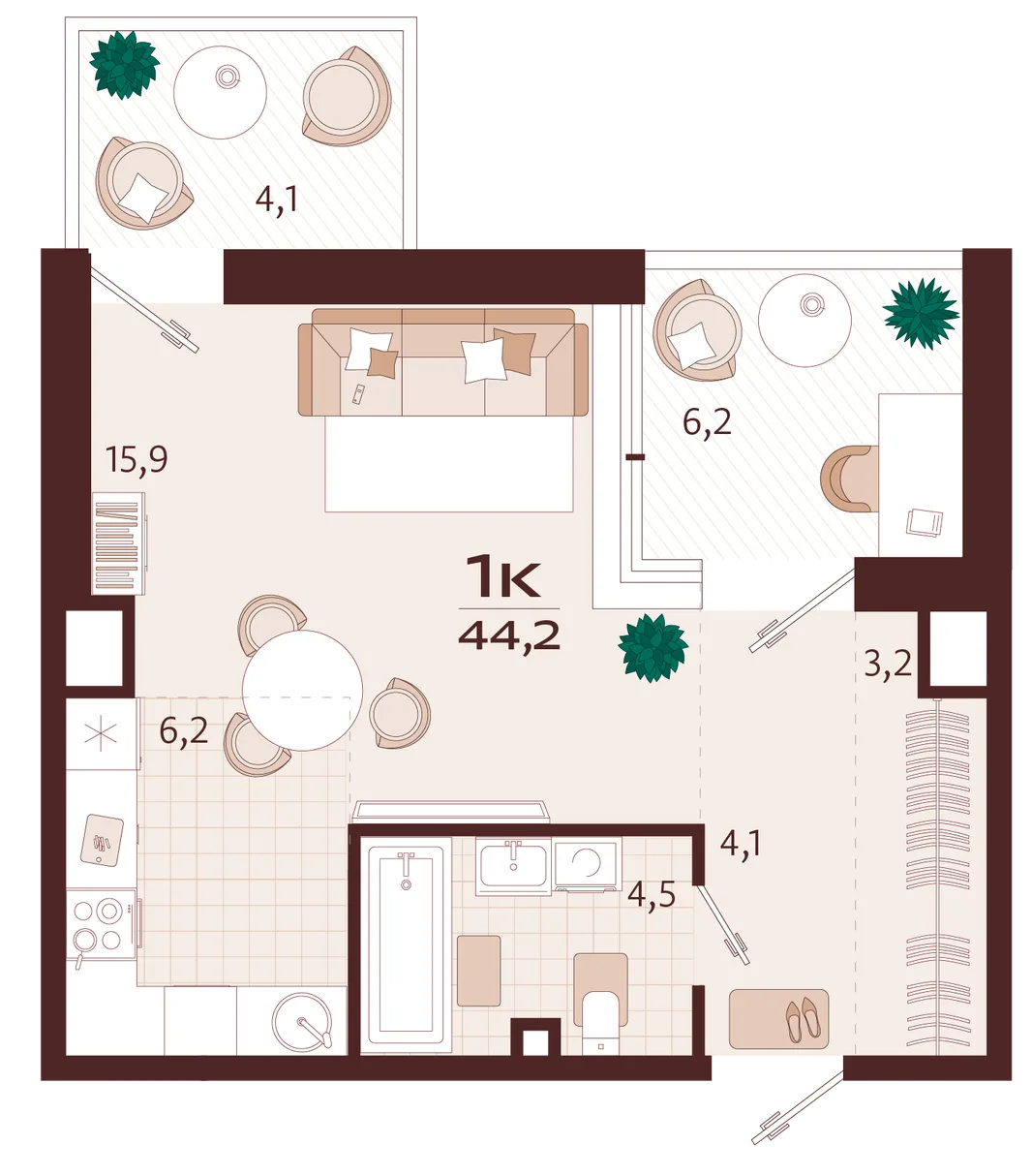 Планировка 1-комн. квартира, 44.2 м² ЖК «Роялта»