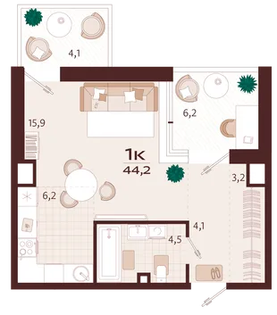 Планировка 1-комн. квартира, 44.2 м² ЖК «Роялта»