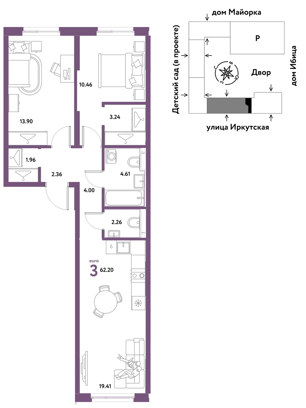 Планировка 3-комн. квартира, 62.2 м² ЖК «Остров-сад»